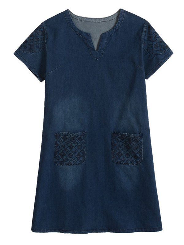 

Plus Size Casual Distressed Embroidery Pockets Dress, Blue