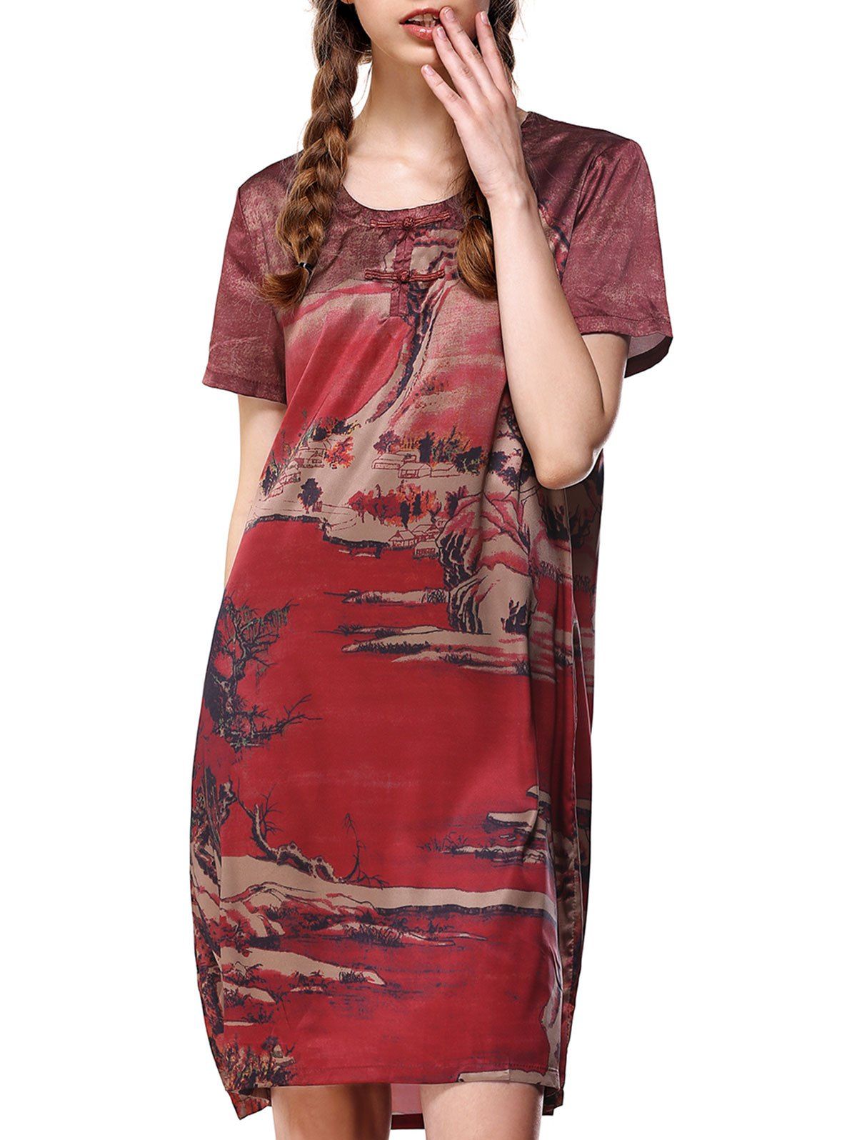 

Painting Scoop Neck Loose-Fitting T Shirt Dress, Deep red