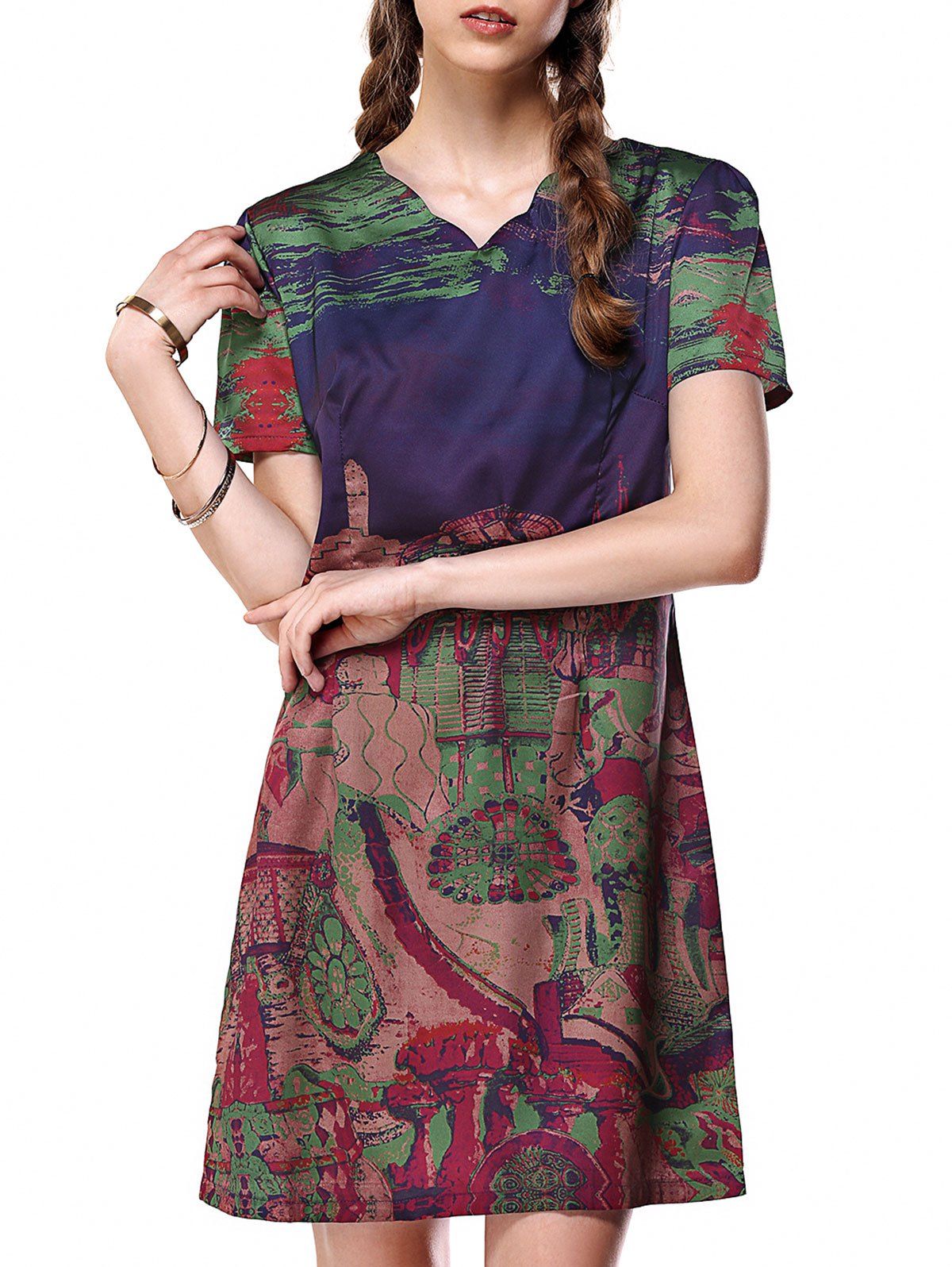 

City Painting Scalloped Neck Loose-Fitting T Shirt Dress, Purple