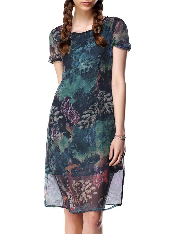 Gauzy Short Sleeve Floral Pattern Dress For Women - Vert 2XL
