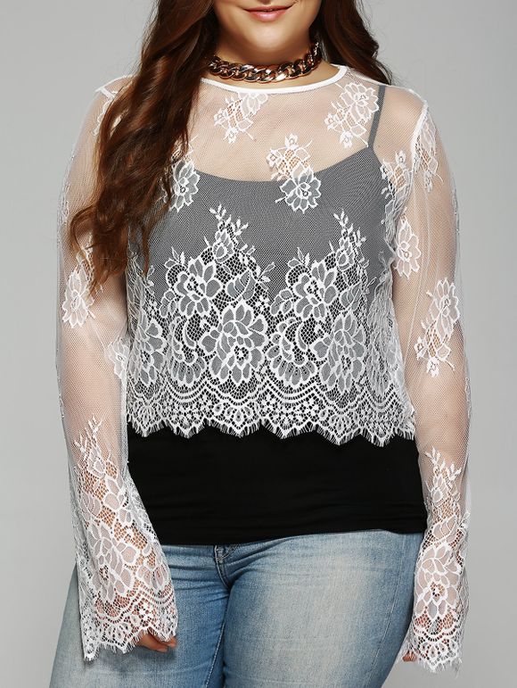Plus Size Col rond See-Through Lace Top - Blanc 5XL