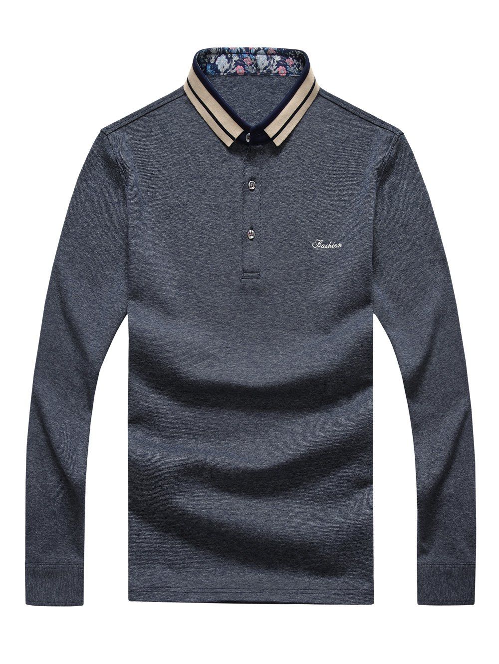 

Letter Embroidered Splicing Design Turn Down Collar Long Sleeve Men's T-Shirt, Gray
