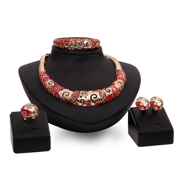 

Rhinestone Curved Enamel Bamboo Joint Shape Necklace Set, Red