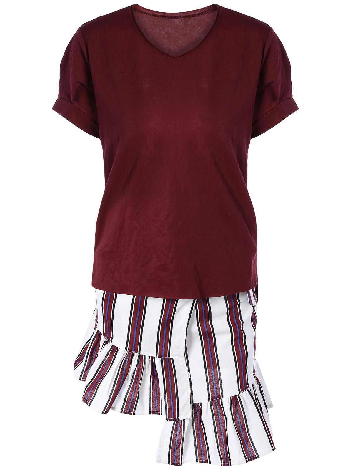 

Scoop Neck Short Sleeve T-Shirt and Striped Fishtail Skirt Set, Wine red