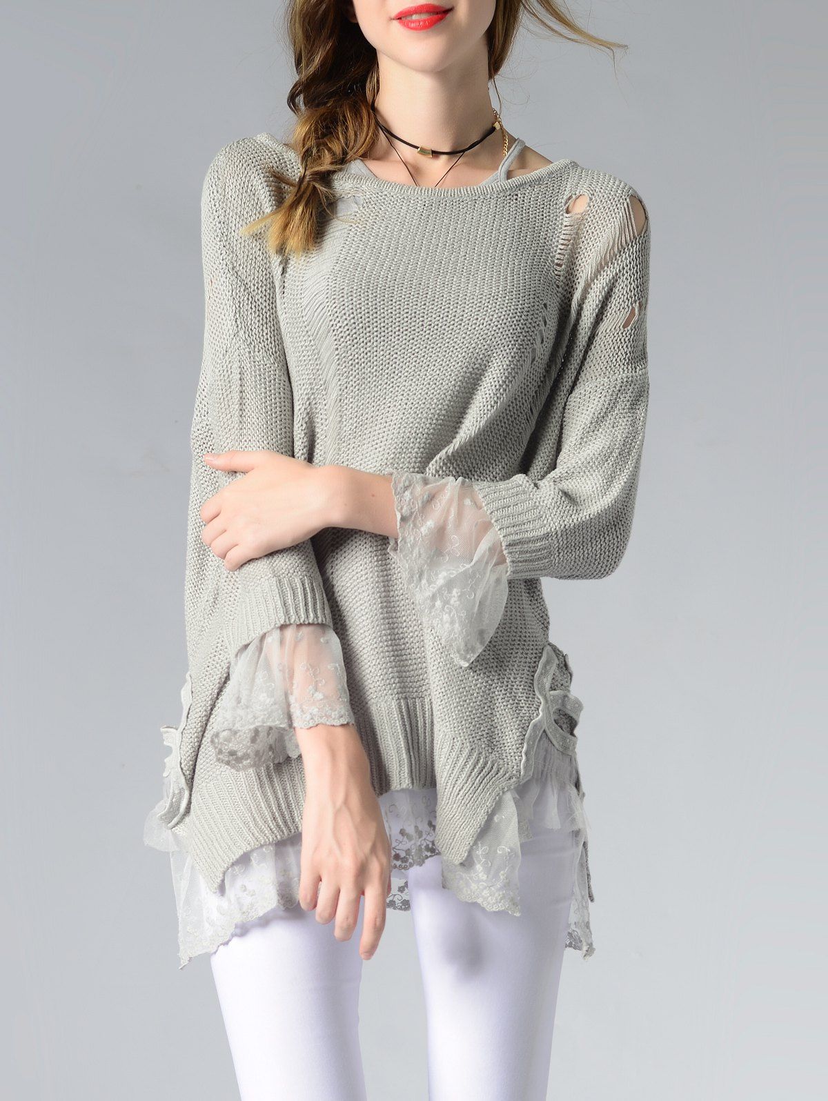 

Scoop Neck Hollow Out Spliced Women's Sweater, Gray
