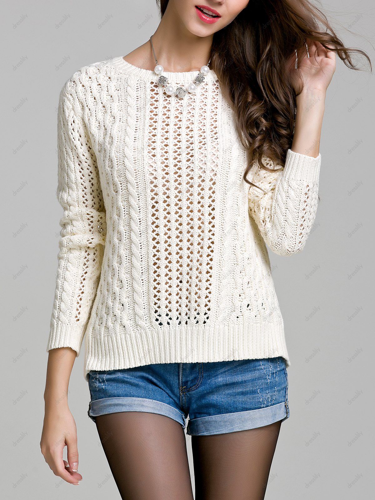 2018 Long Sleeve Hollow Out Solid Color Sweater WHITE L In Sweaters & Cardigans Online Store ...