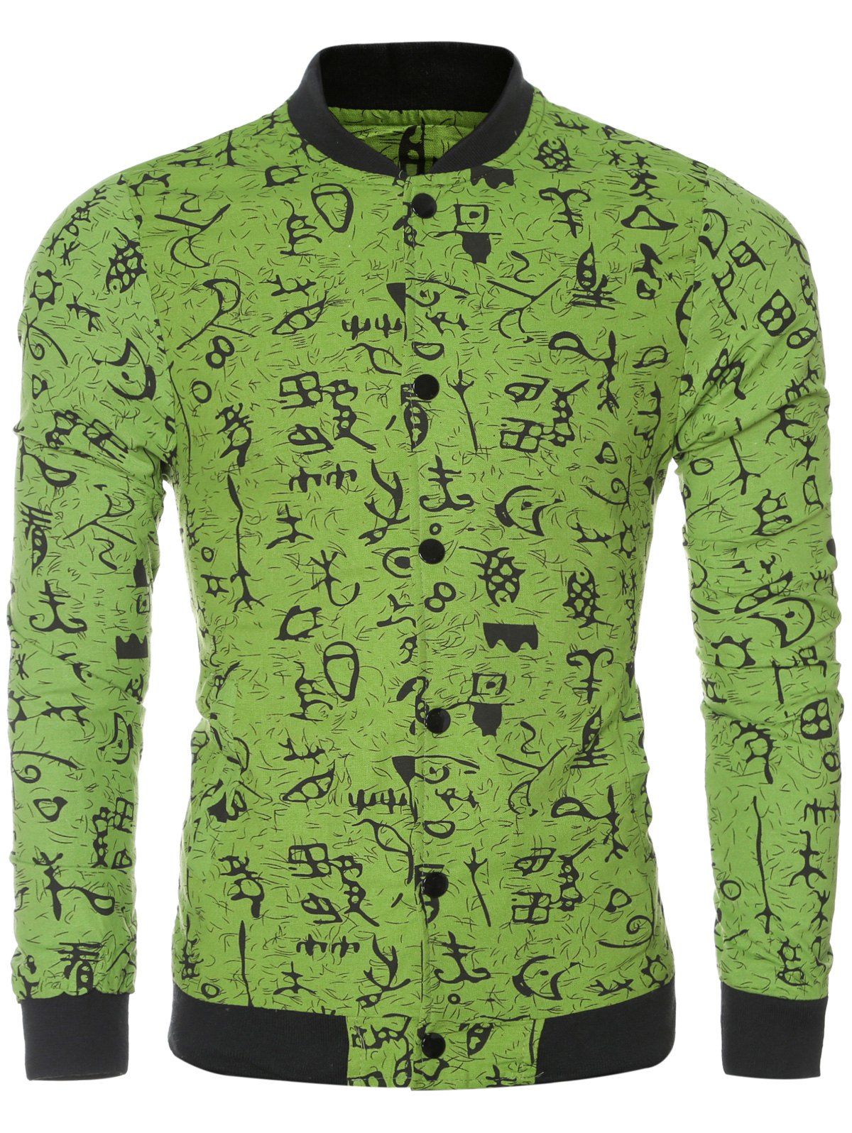 

Ancient Letter Print Collar Long Sleeve Bomber Jacket, Green