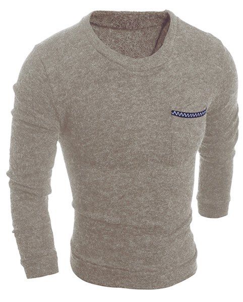 

Solid Color Round Neck Edging Pocket Long Sleeve Men's Sweater, Beige