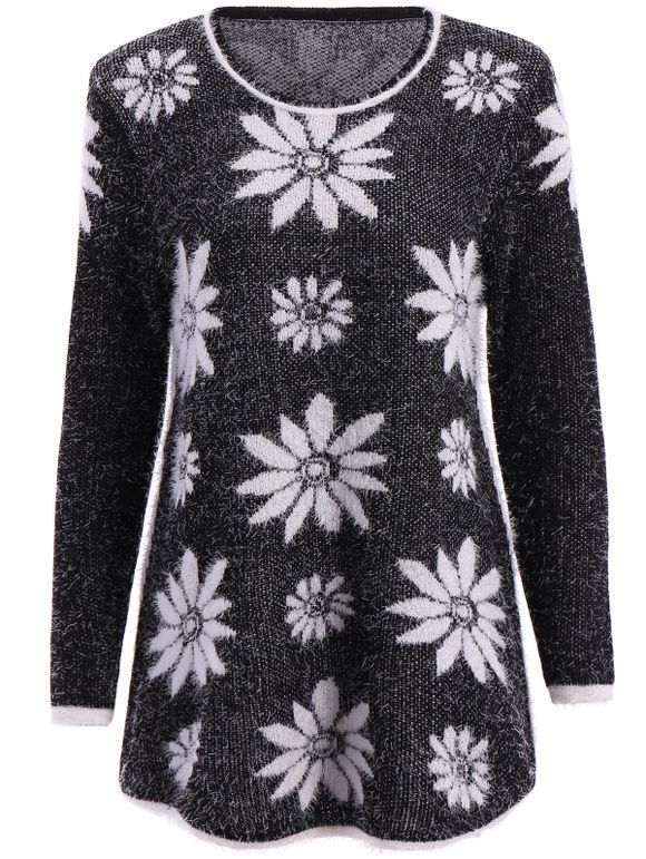 Trendy Long Sleeve Round Collar Flower Pattern Women's Sweater - Noir ONE SIZE(FIT SIZE XS TO M)