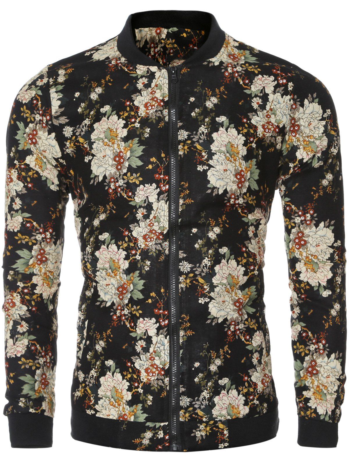 

Vintage Flower Print Long Sleeve Bomber Collar Jacket, Black