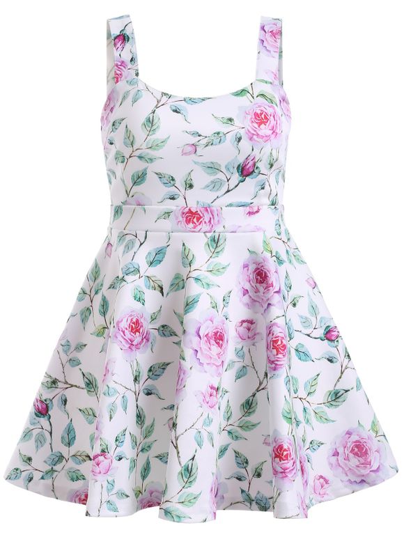 Graceful Women's Open Back Floral Print Flare Dress - Rose / Vert ONE SIZE