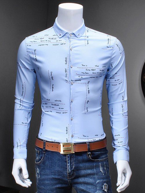 Letter Print Long Sleeve Men's Button-Down Shirt - Bleu clair M
