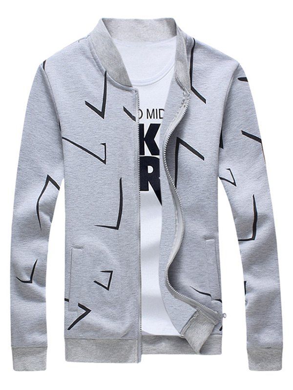 

Rib Splicing Printed Zip Up Jacket, Gray