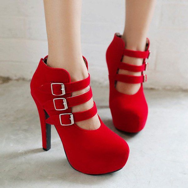 

Trendy Flock and Buckles Design Women's Ankle Boots, Red