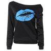 Oblique Shoulder Long Sleeve Lip Print Women T-Shirt - BLUE L