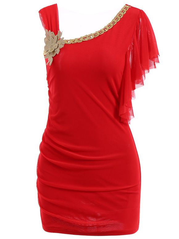 Chaîne en mousseline de soie couleur unie volants volants faisceau taille Packet fesses de la femme et de corsage orné robe élégante - Rouge ONE SIZE