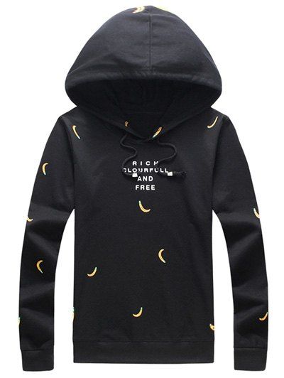 

Banana and Letter Print Plus Size Hooded Long Sleeve Men's Hoodie, Black