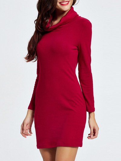 Cowl Neck Mini robe à manches longues Bodycon - Rouge foncé 2XL