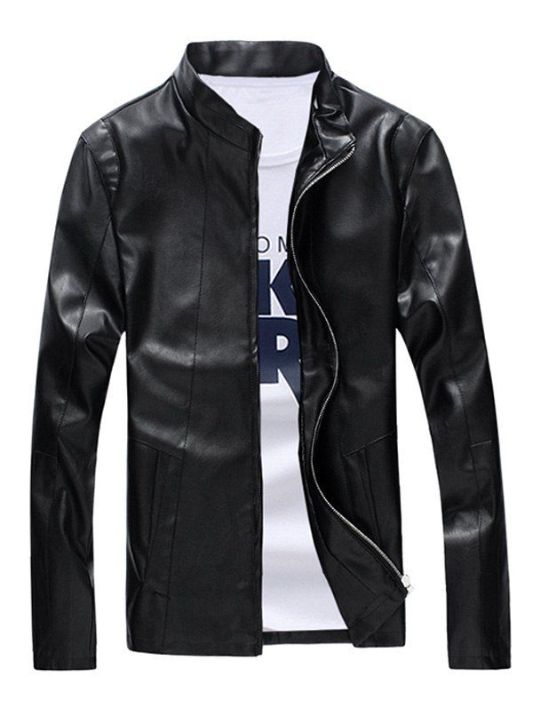 

Zipper Sleeve Seamed Stand Collar Men's Faux Leather Jacket, Black