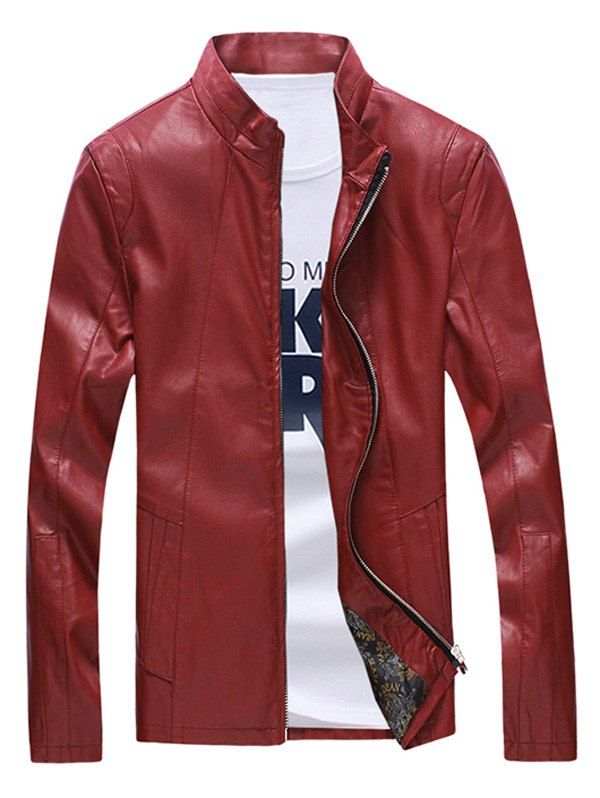 

Zipper Sleeve Seamed Stand Collar Men's Faux Leather Jacket, Wine red