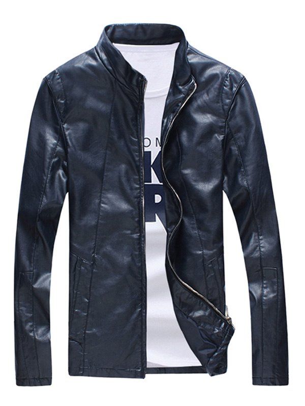 

Zipper Sleeve Seamed Stand Collar Men's Faux Leather Jacket, Deep blue
