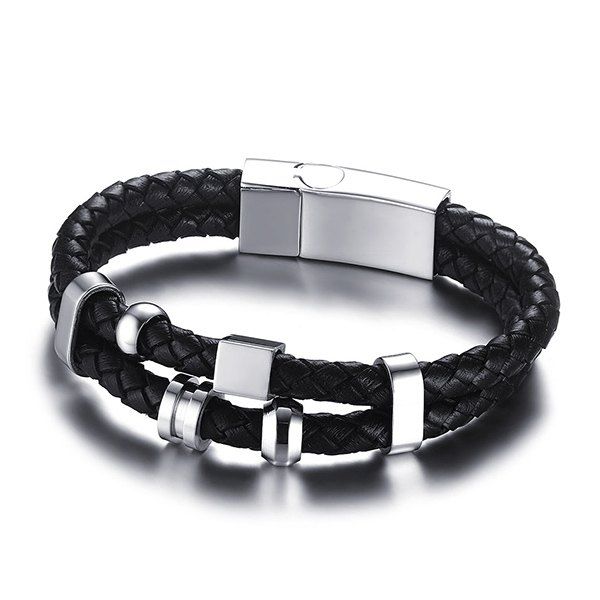 

Rock Style Geometric Woven Faux Leather Layered Black Charm Bracelet For Men