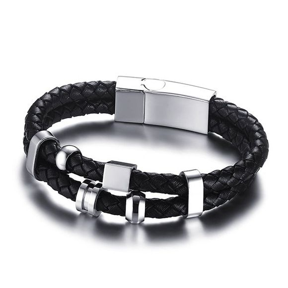Rock Style géométrique tissé en cuir Faux Layered Charm Bracelet noir pour les hommes - Noir 