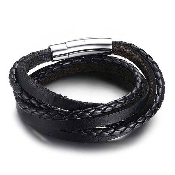 Simple Black Magnetic Snap Layered Faux Bracelet En Cuir Pour Les Hommes - Noir 