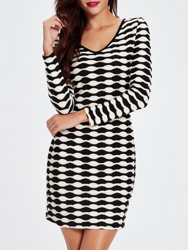 

V-Neck Long Sleeved Abstract Striped Slimming Dress, Black