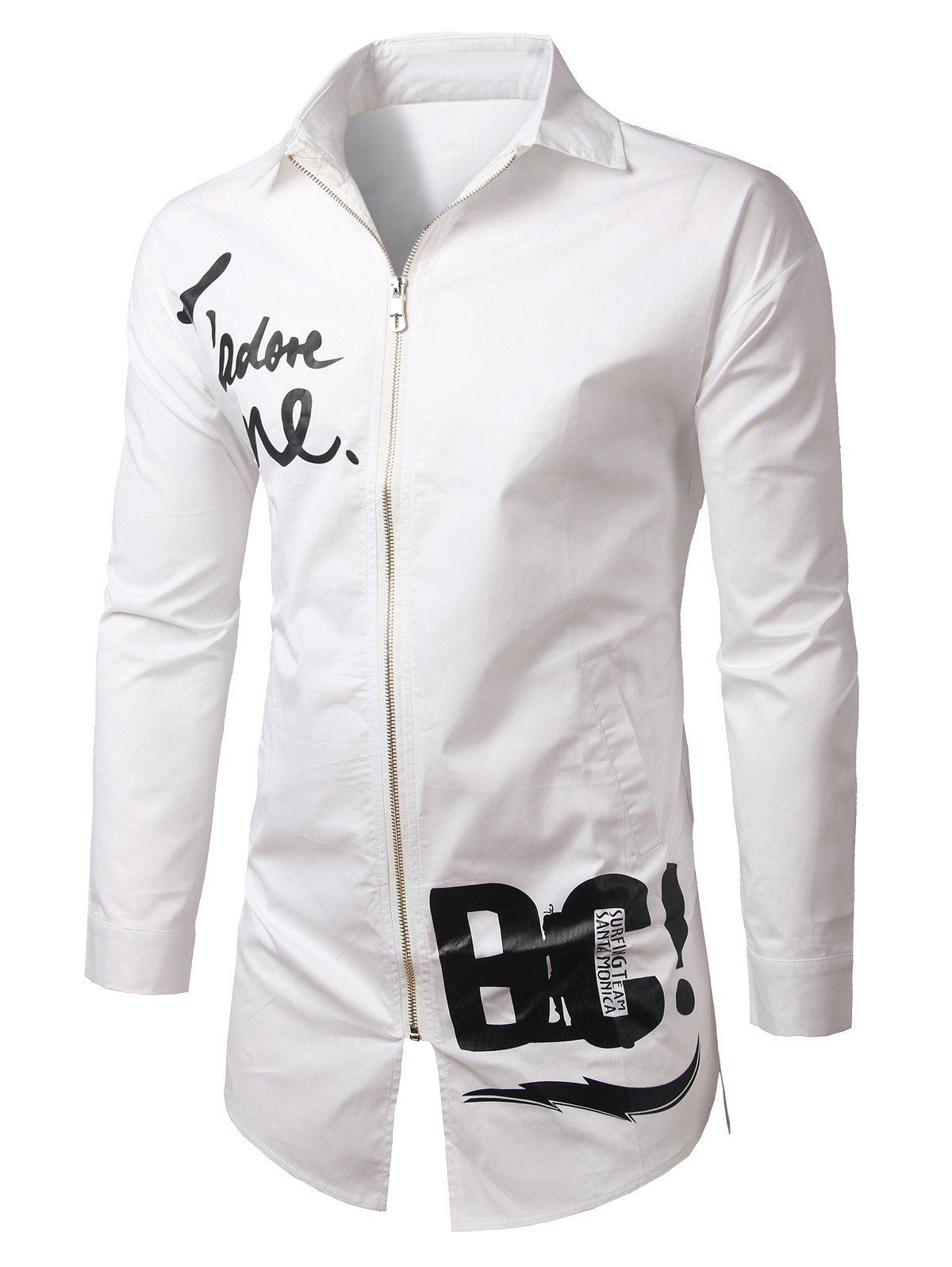 

Zip-Up Letter Print Turn-Down Collar Long Sleeve Lengthen Men's Jacket, White