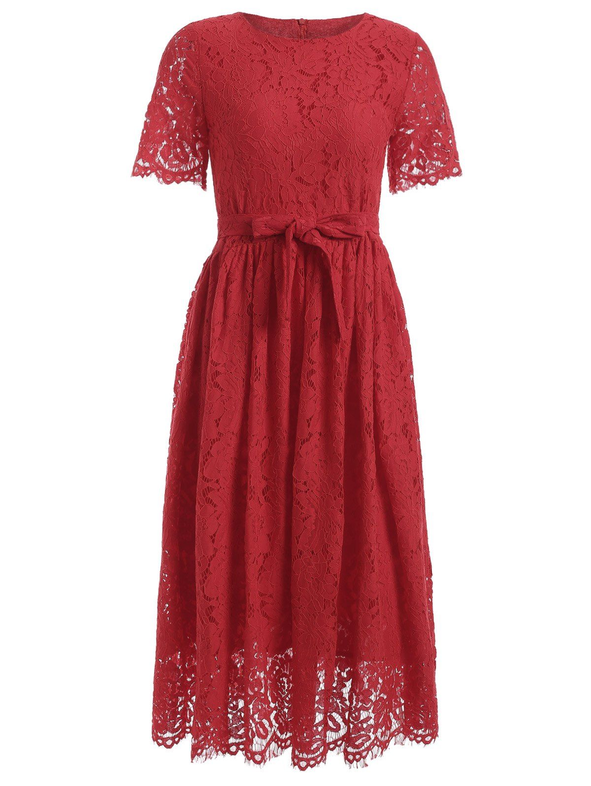 [17% OFF] 2021 Belted High Waisted Midi Lace Dress In RED | DressLily