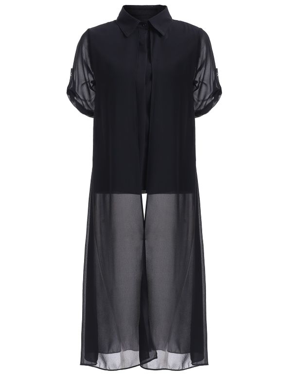 Simple Pure Color See-Through avant Slit Dress Shirt - Noir S