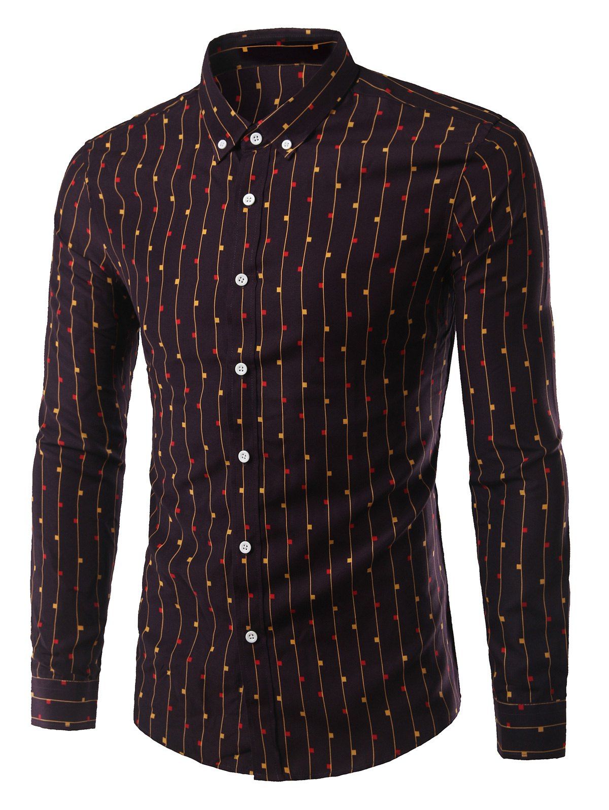 

Turn-Down Collar Geometric Vertical Stripe Long Sleeve Button-Down Men's Shirt, Brown