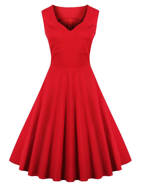 Robe évasée Vintage Couleur Pure à Encolure en Coeur pour Femme - Rouge XL