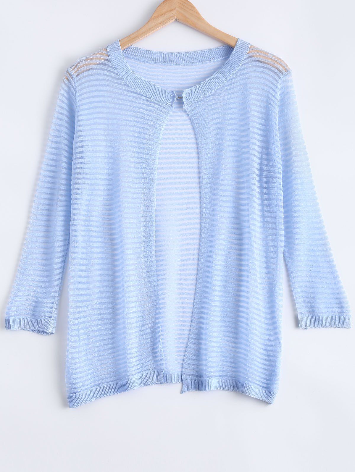 

Gauzy Striped Textured Knitted Cardigan For Women, Light blue
