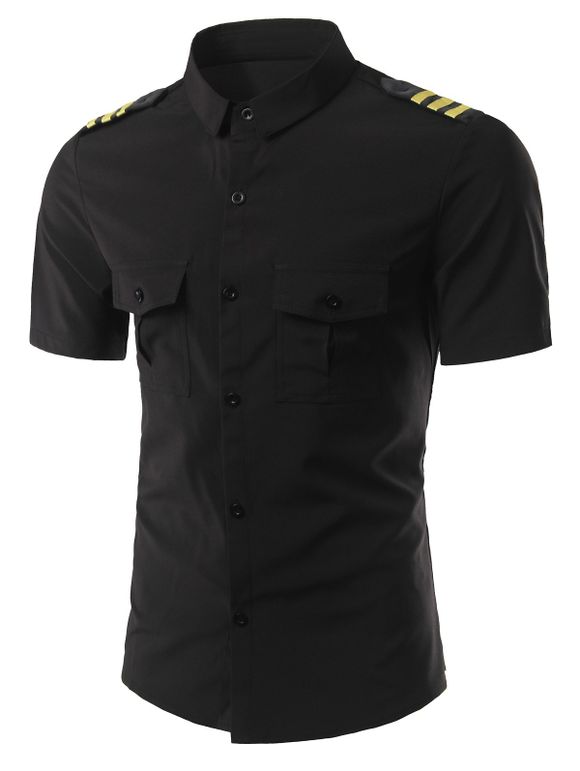 Stripe Epaulet Design Turn-Down Collar Short Sleeve Men's Shirt - Noir 2XL