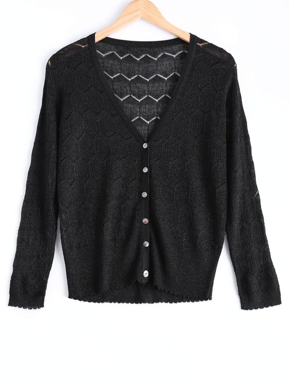 Casual Zig Zag Textured Knitted Cardigan For Women - Noir ONE SIZE