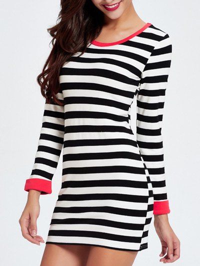 Trendy Scoop Neck Striped Bowknot Embellished Women's Dress - Rayure L
