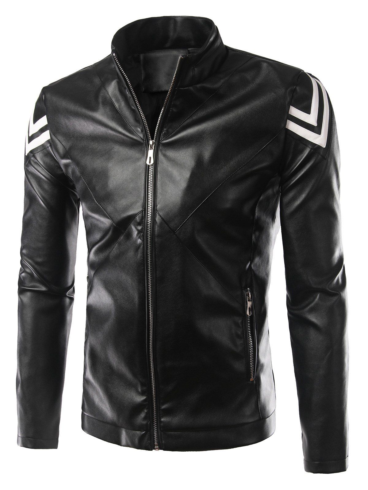 

Selvedge Embellished Plus Size Stand Collar Long Sleeve PU-Leather Men's Jacket, Black