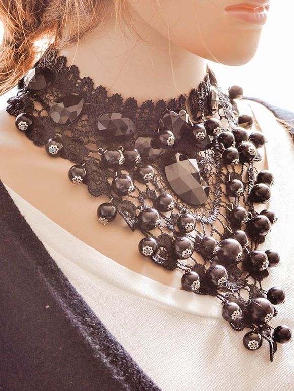 Collier en Perles et Fleurs Vintage - Noir 