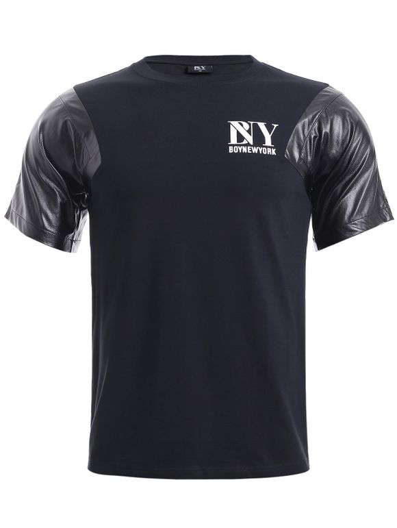 Splicing cuir PU T-shirt - Noir XL