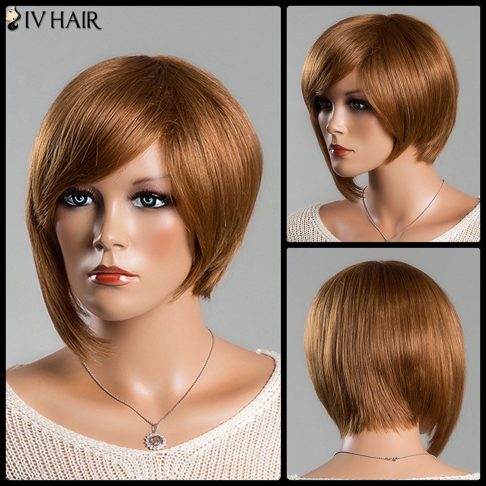 

Women's Short Refreshing Side Bang Siv Human Hair Wig, Auburn brown