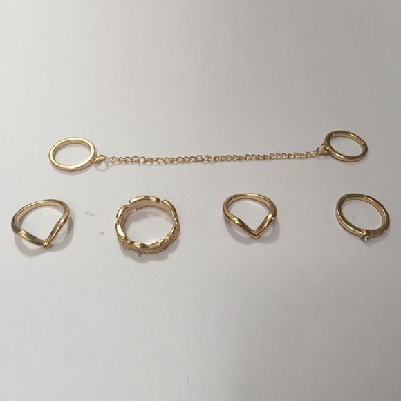 6 Piece chaîne Trendy strass Feuille V-Shape anneaux géométriques pour les femmes - d'or 