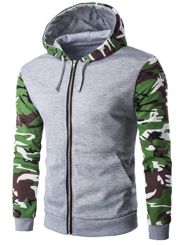 

Camo Pattern Spliced Zip Up Men's Long Sleeve Hoodie, Light gray