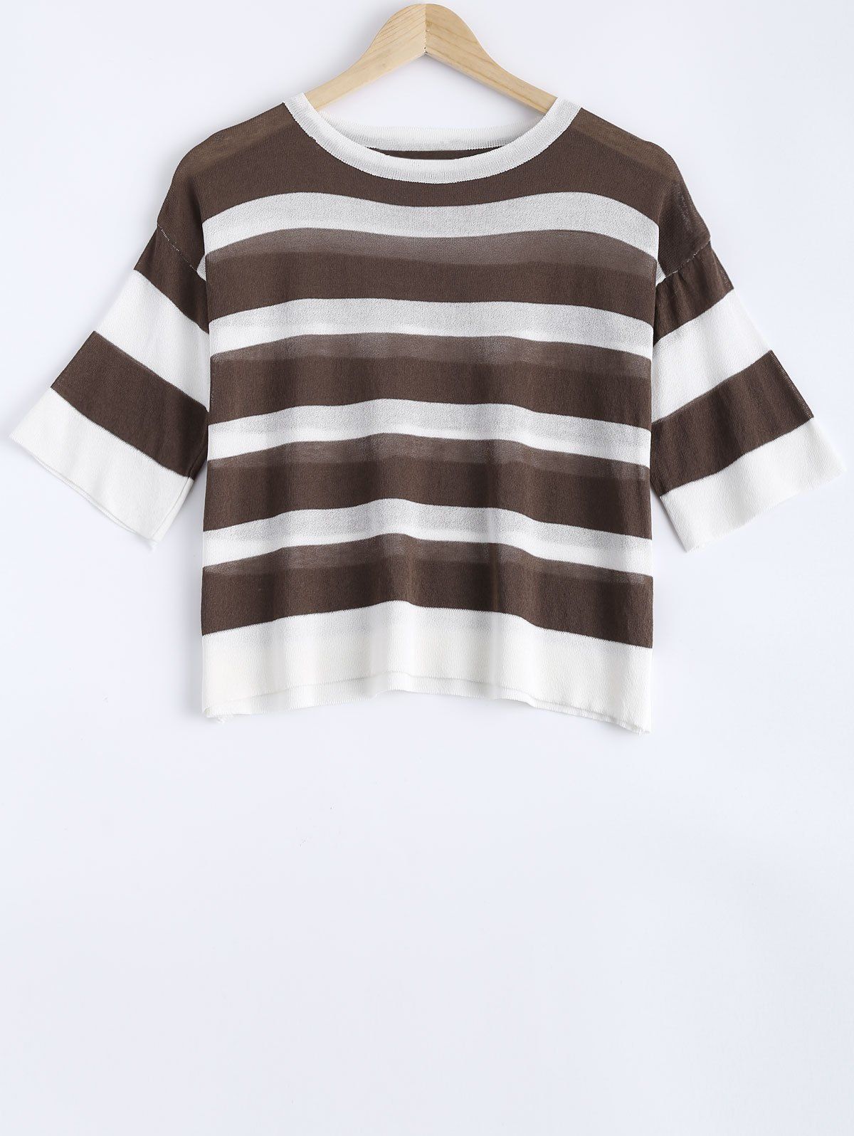

Trendy Stripe Color Block Half Sleeve Slim Cropped Sweater, Light khaki