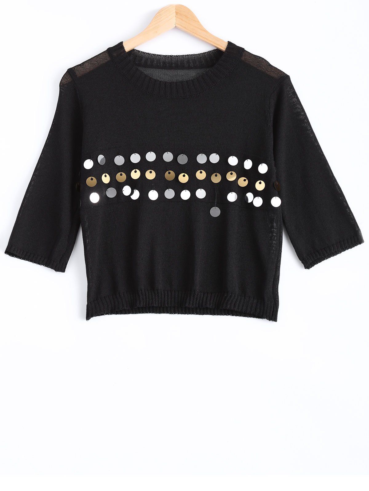 

Sweet Front Sequined Pure Color Cropped Pullover Sweater, Black