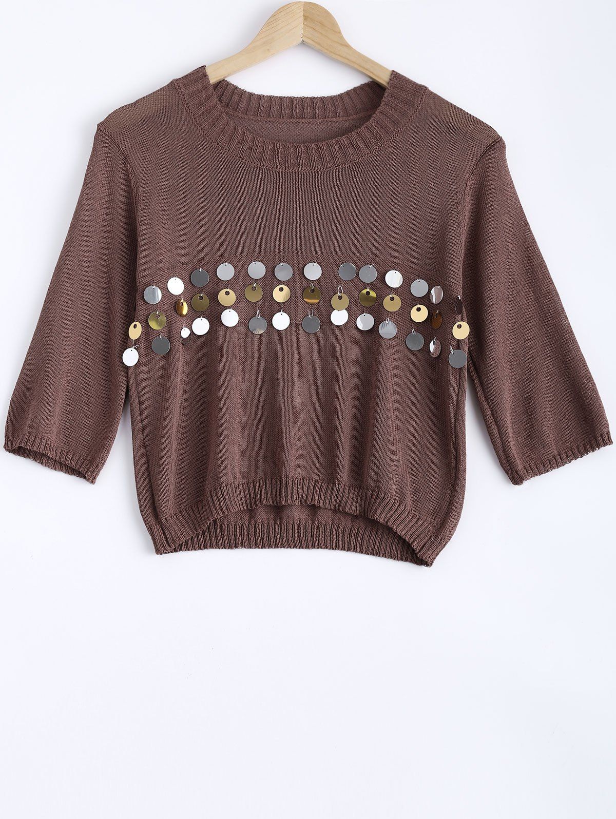 

Sweet Front Sequined Pure Color Cropped Pullover Sweater, Dark coffee