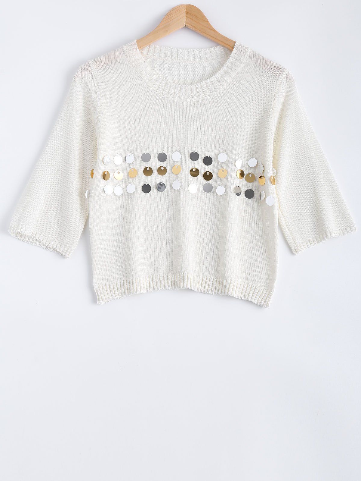 

Sweet Front Sequined Pure Color Cropped Pullover Sweater, White