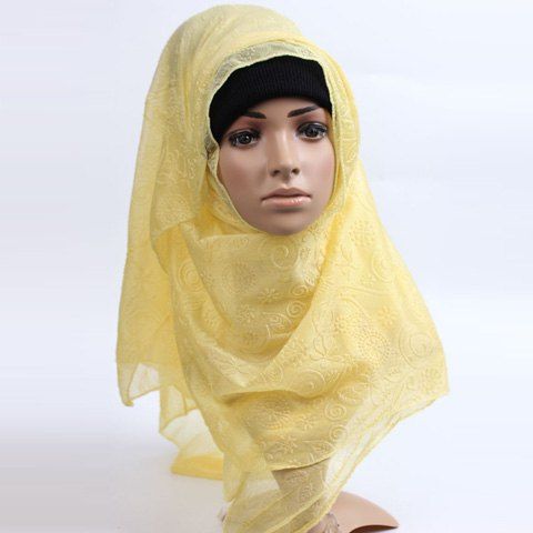 Femmes Élégant  's motif fleur musulmane Shawl Wrap Hijab Scarf - Jaune 