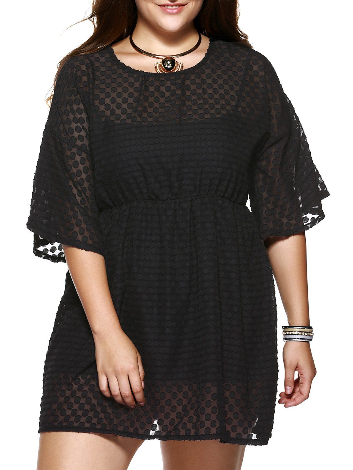 

Plus Size High Waist Bell Sleeve Short A Line Twinset Dress, Black